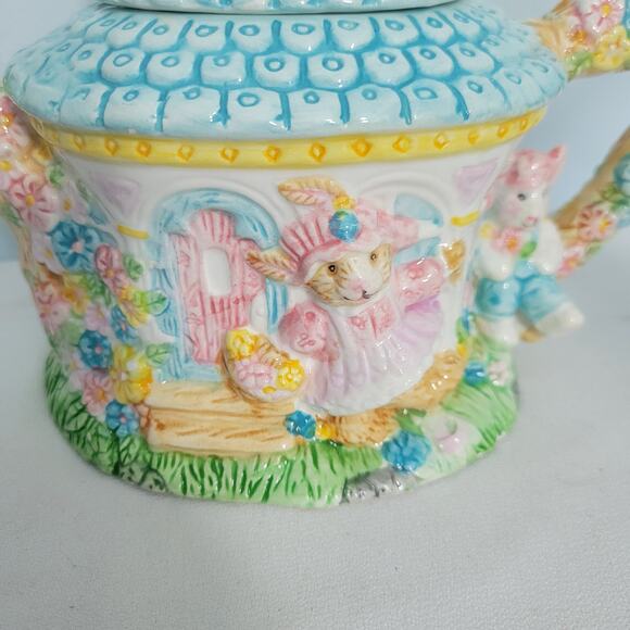 Vintage Mercuries Ceramic Bunny Garden Children Teapot 8.2"x6.3"x4.2"  3426-1B9 - Picture 3 of 7
